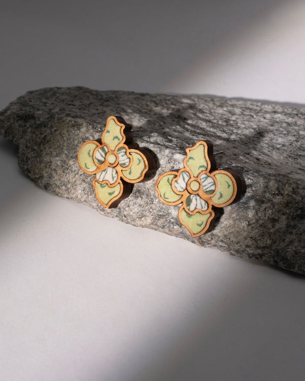WHE Green Repurposed Fabric and  Wood Flower Stud