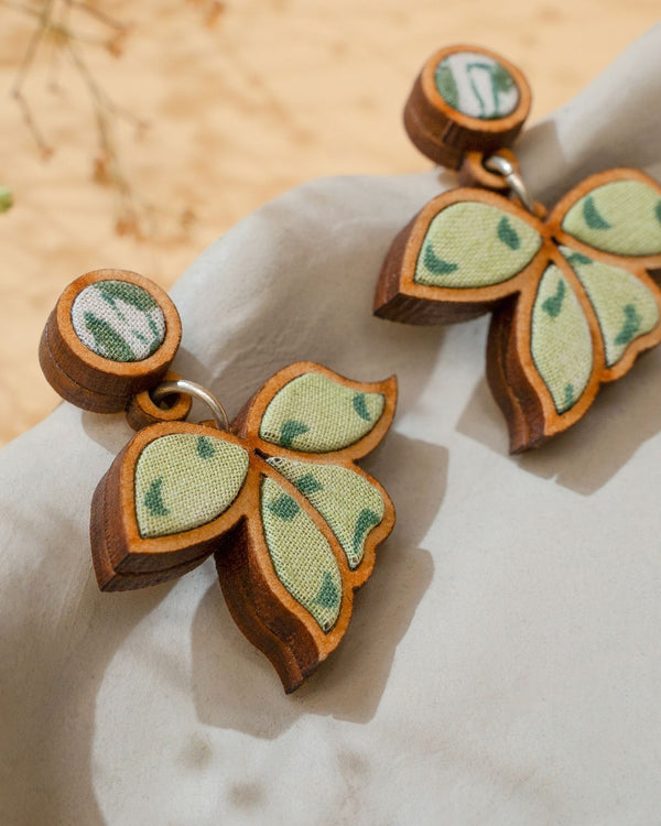 WHE Green Bloom Repurposed Fabric and Wood Leaf Earrings
