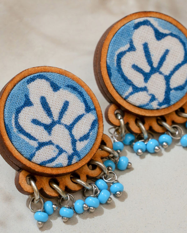 WHE Blue Repurposed Fabric and Wood Round Studs