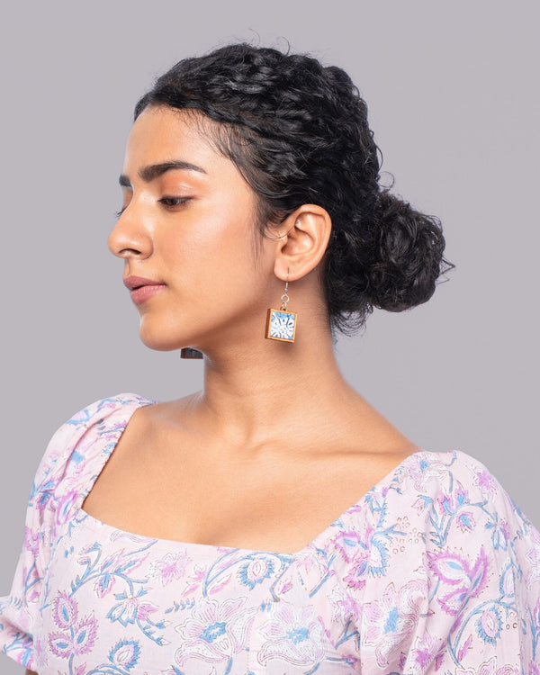 WHE Blue Repurposed Fabric and Wood Square Earrings