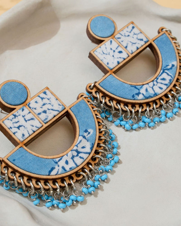 WHE Blue Repurposed Fabric and Wood Statement Earrings
