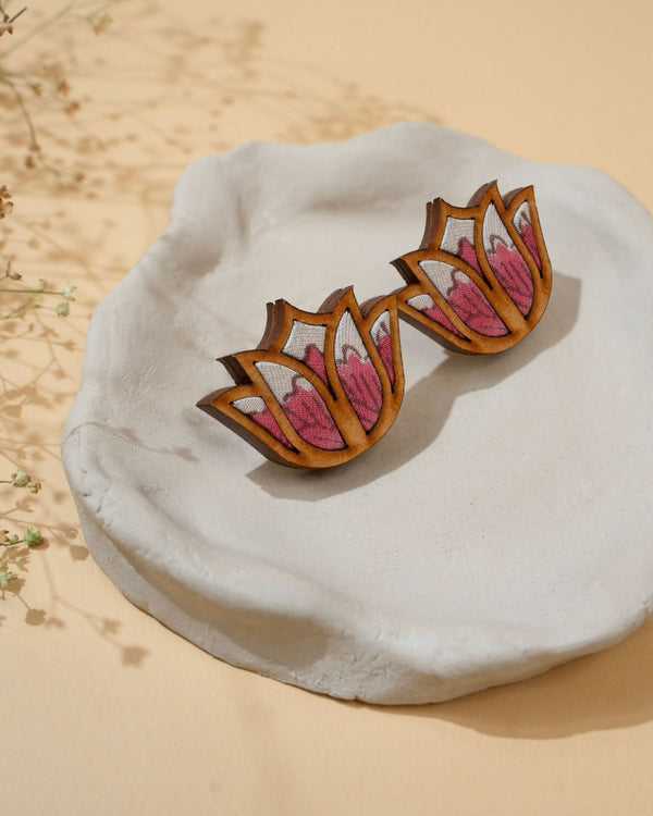 WHE Pink Bloom Lotus Repurposed Fabric and Wood Earrings