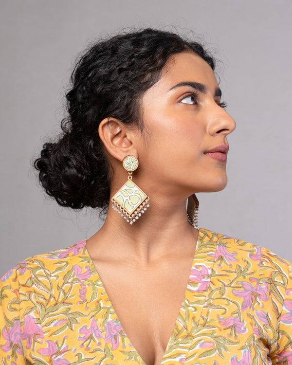 WHE Green Repurposed Fabric and Wood Diamond Earrings