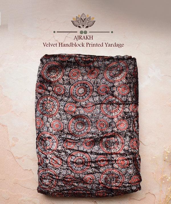 AJRAKH VELVET HAND PRINTED YARDAGE(2.5 mtrs)