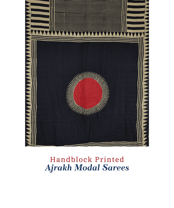 Ajrakh modal silk hand block printed saree