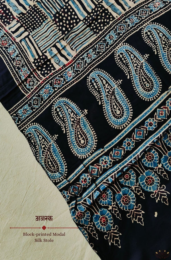Ajrakh modal silk hand block printed stole