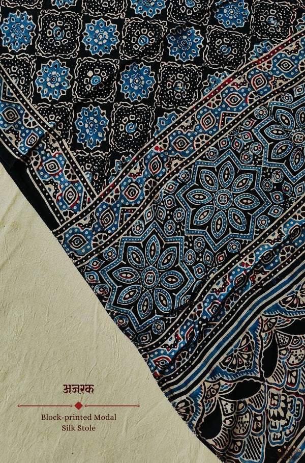 Ajrakh modal silk hand block printed stole