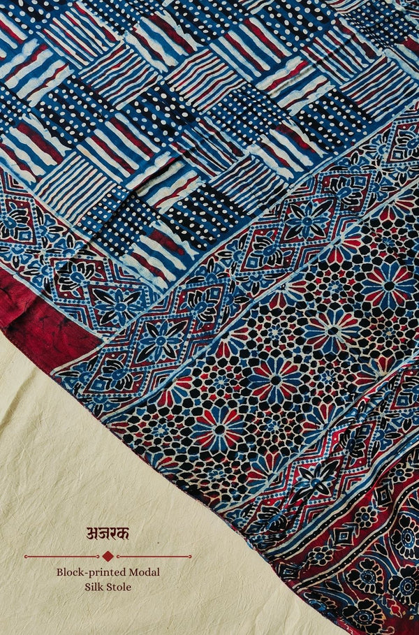 Ajrakh modal silk hand block printed stole