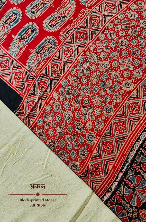 Ajrakh modal silk hand block printed stole