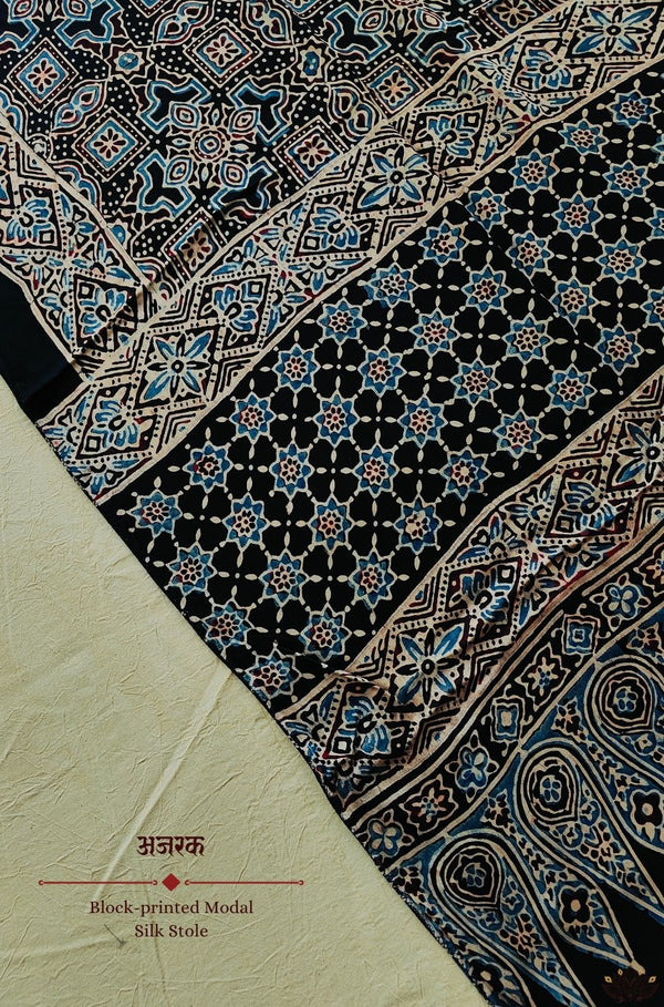 Ajrakh modal silk hand block printed stole