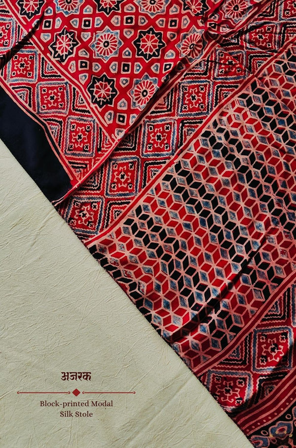 Ajrakh modal silk hand block printed stole