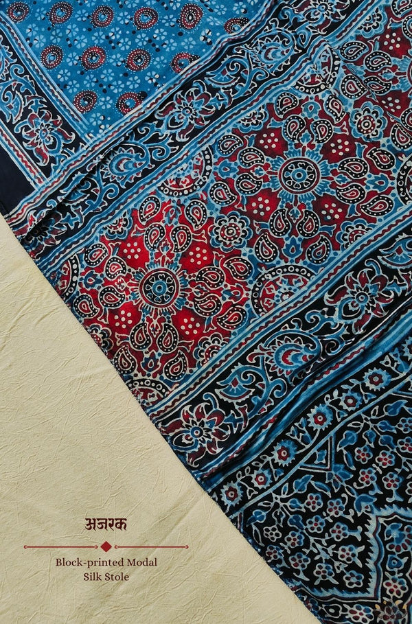 Ajrakh modal silk hand block printed stole