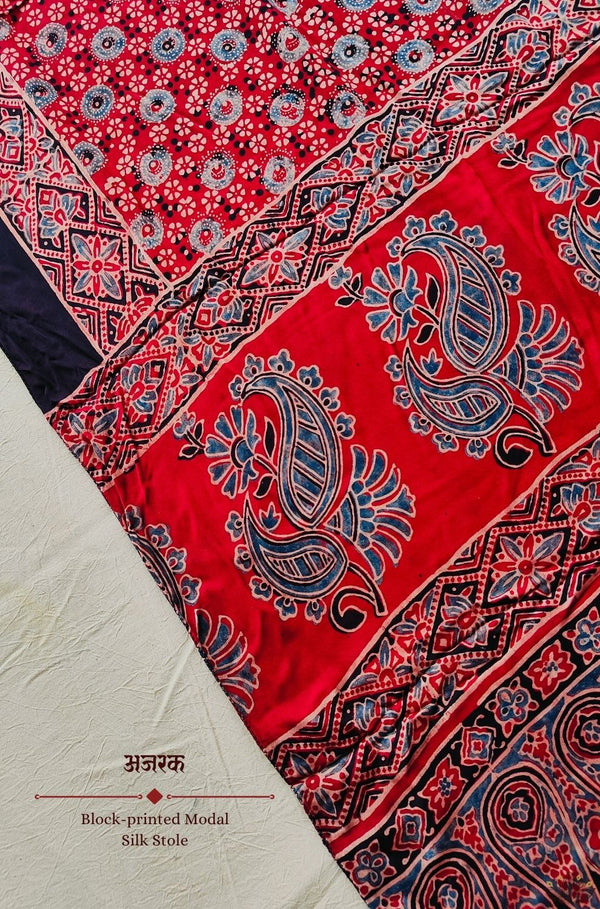 Ajrakh modal silk hand block printed stole