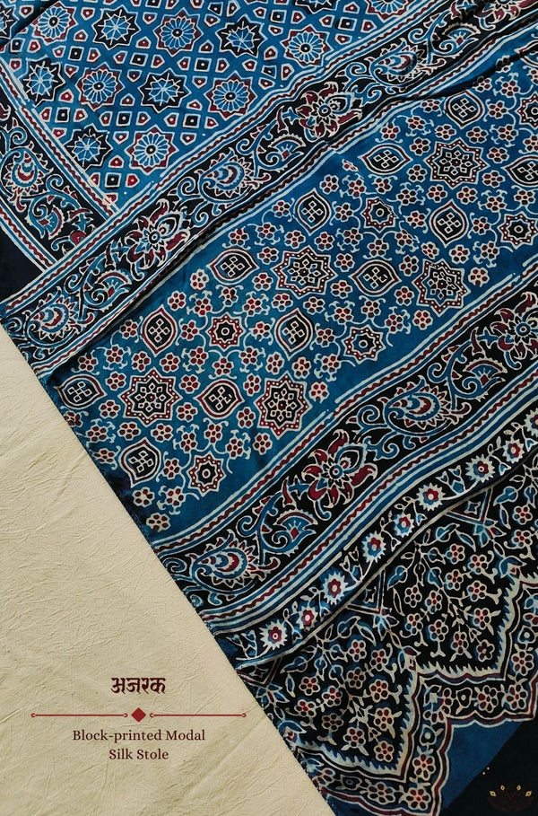 Ajrakh modal silk hand block printed stole