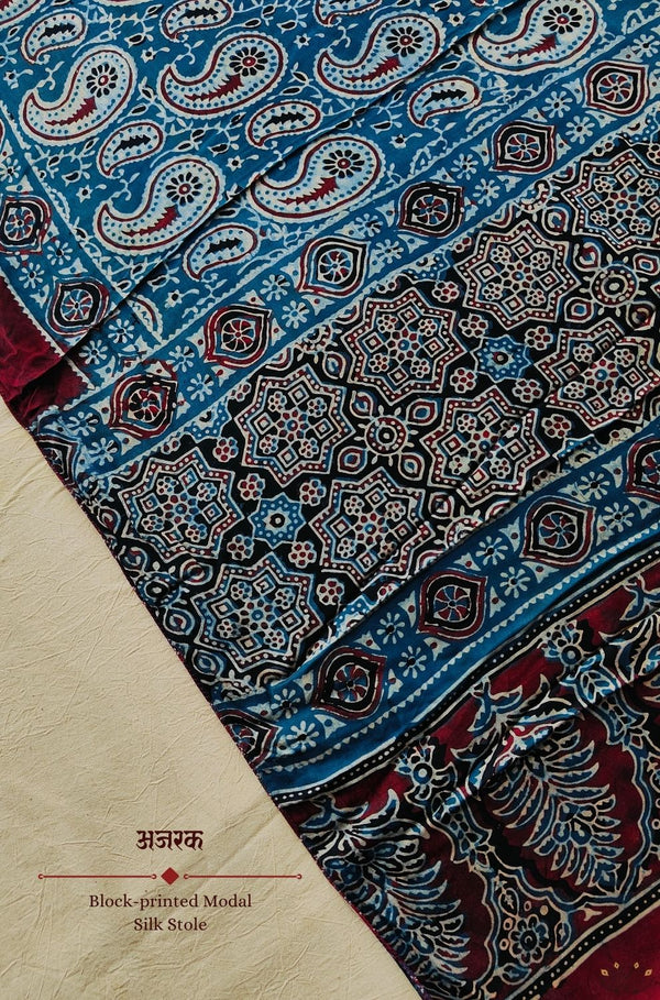 Ajrakh modal silk hand block printed stole