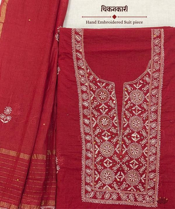 Chikankari Hand Embroidered Maheshwari silk Suit piece