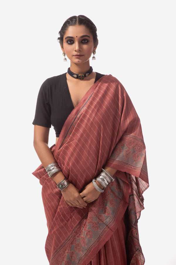 Ajrakh Handwoven Tussar silk hand block printed saree