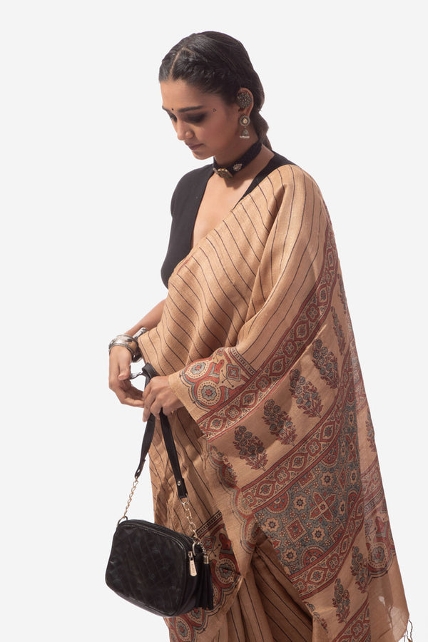 Ajrakh Handwoven Tussar silk hand block printed saree