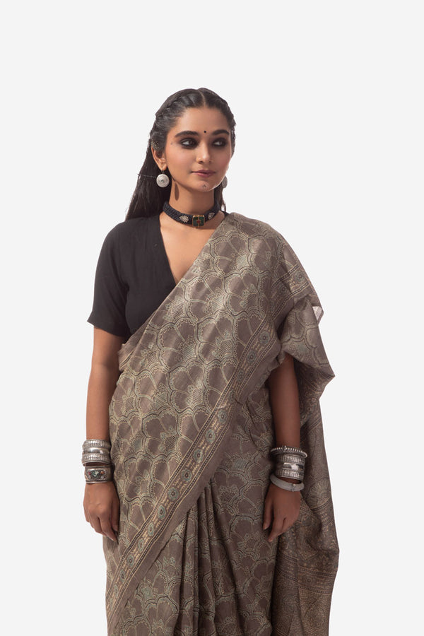 Ajrakh Handwoven Tussar silk hand block printed saree