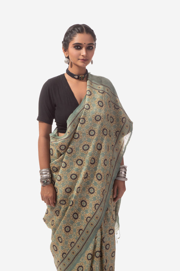 Ajrakh Handwoven Tussar silk hand block printed saree