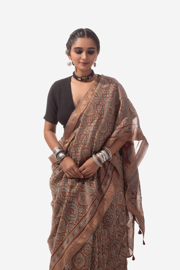 Ajrakh Handwoven Maheshwari cotton silk hand block printed saree
