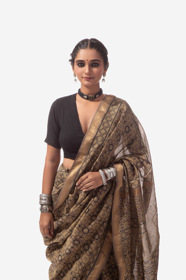 Ajrakh Handwoven Maheshwari cotton silk hand block printed saree