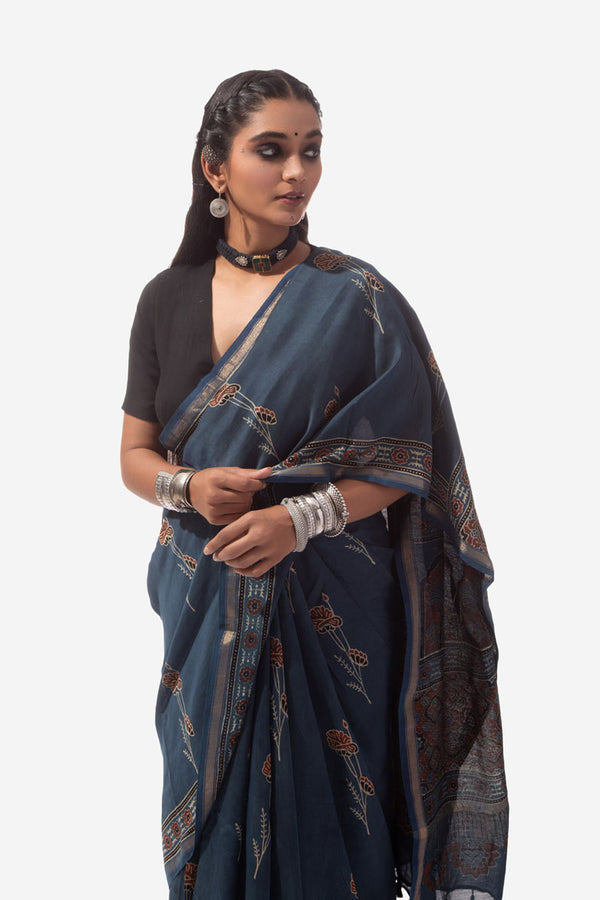 Ajrakh Handwoven Maheshwari cotton silk hand block printed saree