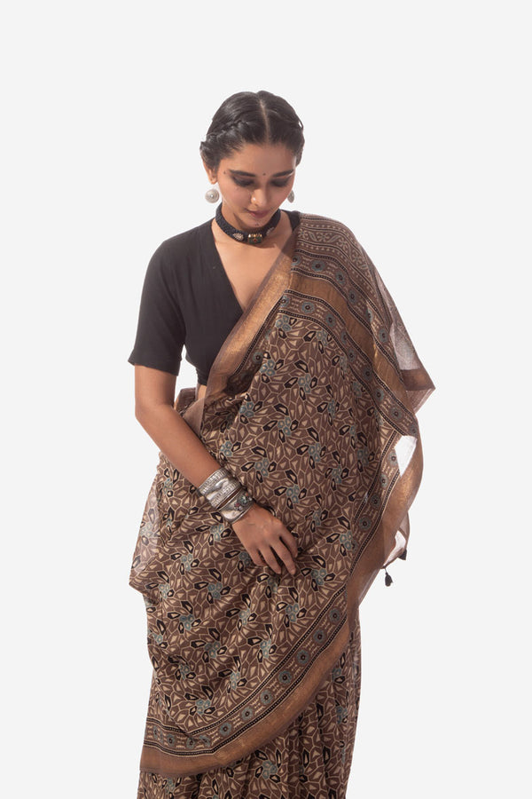 Ajrakh Handwoven Maheshwari cotton silk hand block printed saree