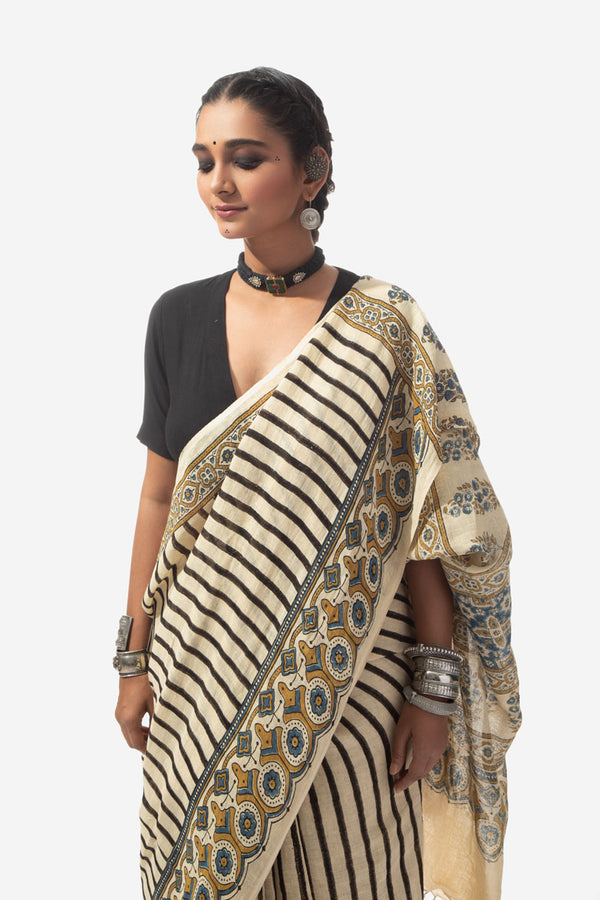 Ajrakh Handwoven Linen hand block printed saree