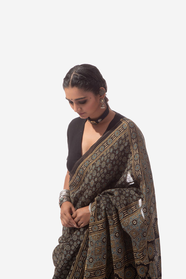 Ajrakh Handwoven Linen hand block printed saree