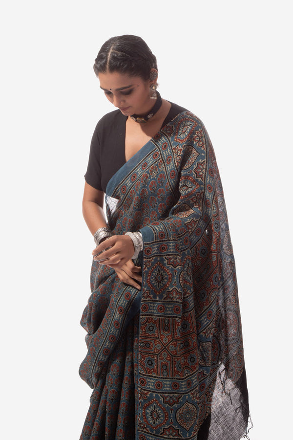 Ajrakh Handwoven Linen hand block printed saree