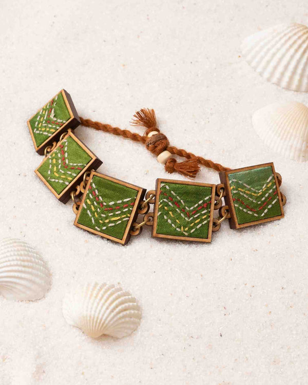 WHE Hand Embroidered Green Repurposed Silk Fabric and Wood Bracelet