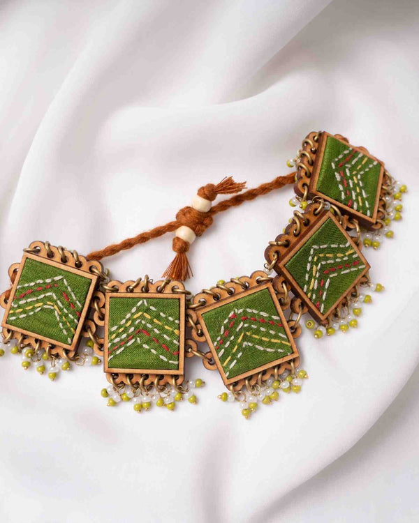 WHE Kantha Green Repurposed Silk Fabric and Wood Bracelet With Beads