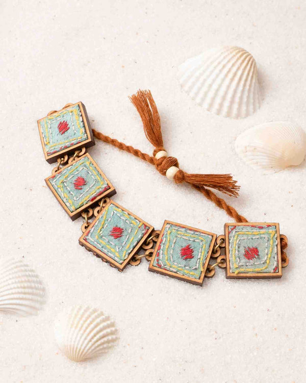 WHE Kantha Columbia Blue Repurposed Silk Fabric and Wood Bracelet