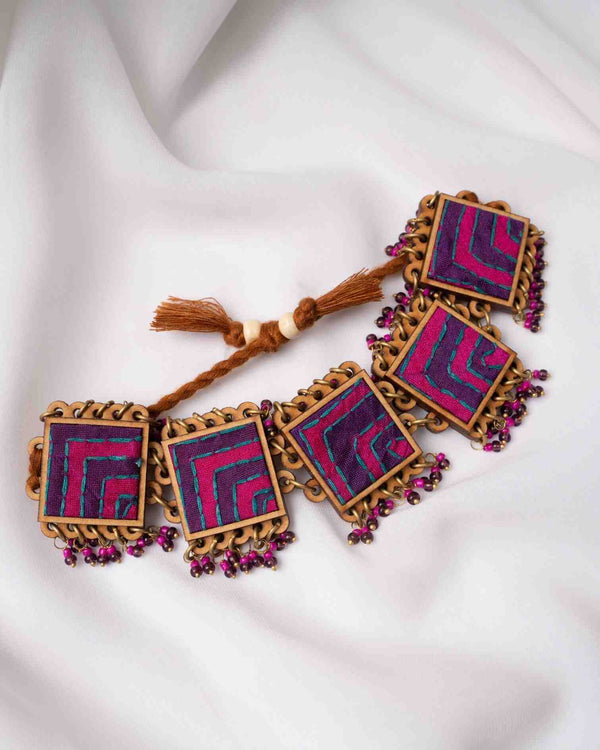 WHE Pink Purple Kantha Repurposed Silk Fabric and Wood  Beads Bracelet