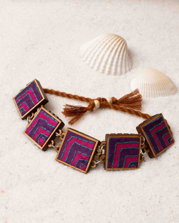 WHE Pink Purple Kantha Repurposed Silk Fabric and Wood Bracelet