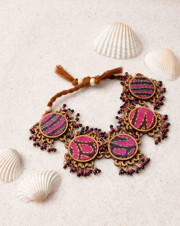 WHE Multicolor Kantha Silk Fabric and Repurposed Wood Bracelet with Beads