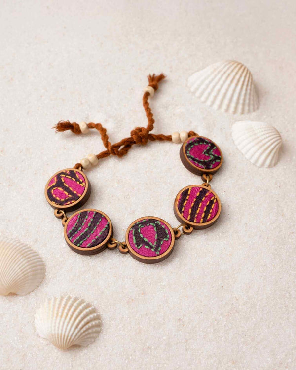 WHE Multicolor Kantha Silk Fabric and Repurposed Wood Bracelet