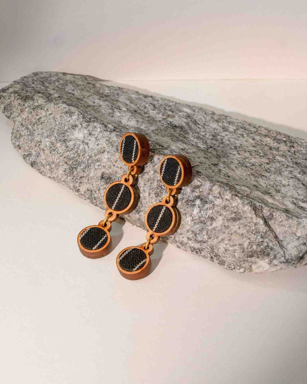 WHE Black Repurposed Fabric and Wood Connecting Round Earrings