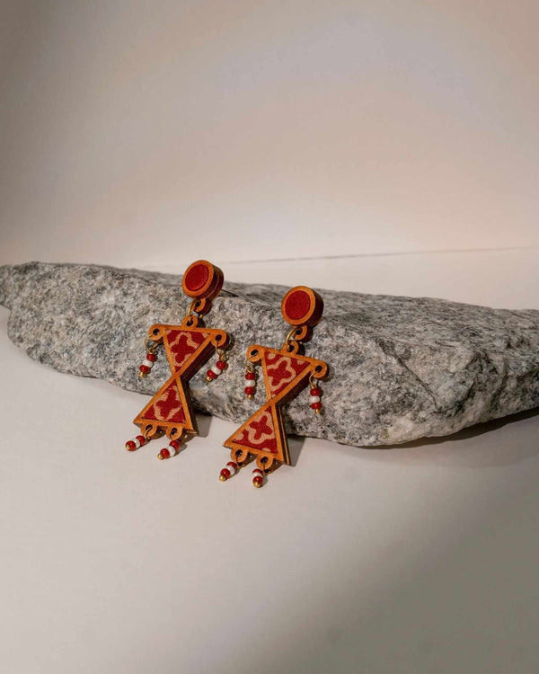 WHE Warli Inspired Maroon Repurposed Fabric and Wood Earrings