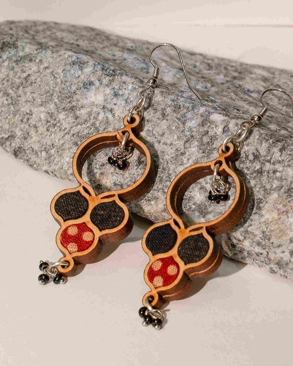 WHE Ajrakh Black Repurposed Fabric and Wood Round Danglers