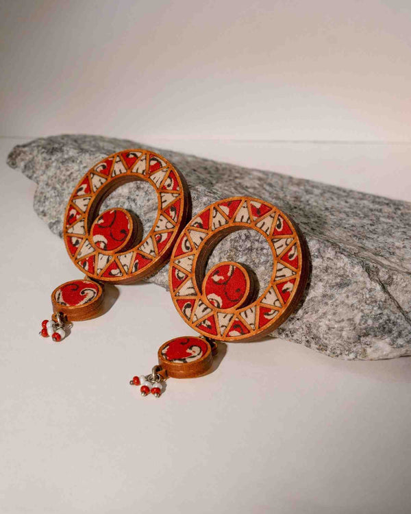 "WHE Red Wheel Repurposed Fabric and Wood Earrings