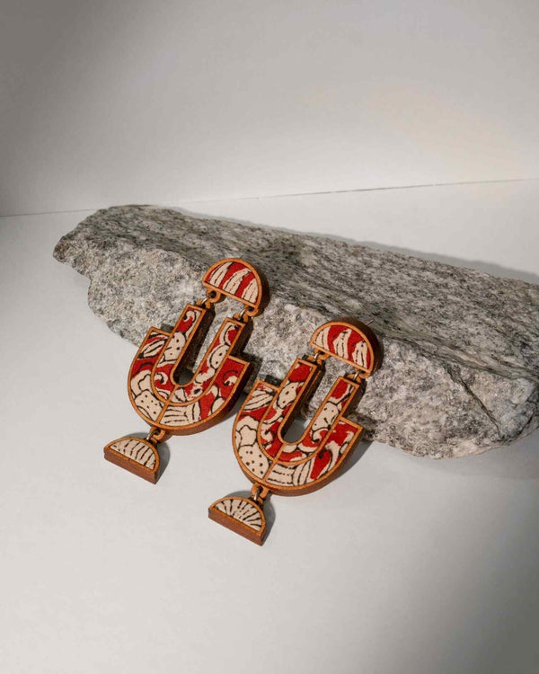 WHE Red Hand-blockprinted Repurposed Kalamkari Fabric and Wood Earrings