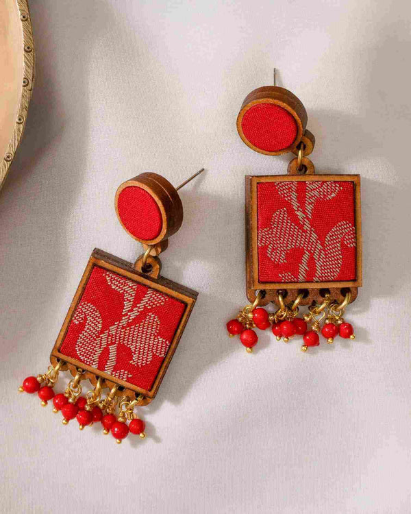 WHE Red Festive Fabric and Repurposed Wood Square Danglers
