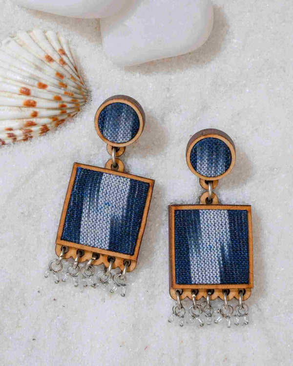 WHE Blue Ikat Fabric and Repurposed Wood Square Danglers