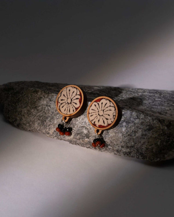 WHE Multicolor Floral Kalamkari Repurposed Fabric and Wood Round Studs