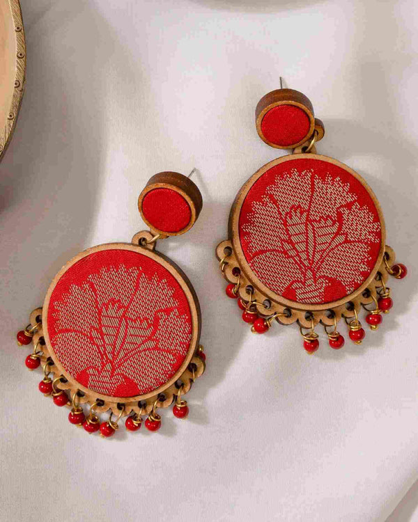 WHE Red Festive Fabric and Repurposed Wood Round Danglers