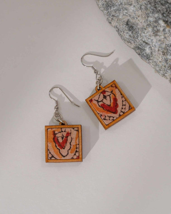 WHE Red Repurposed Kalamkari Fabric and Repurposed Wood Earrings