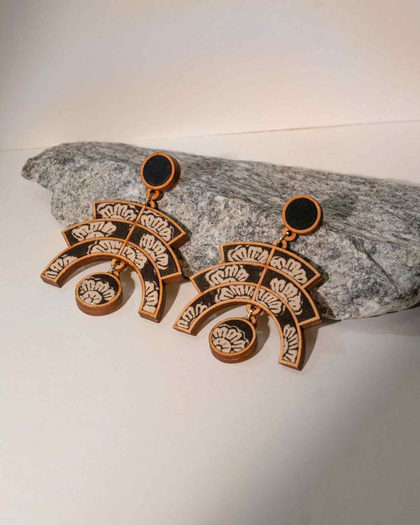 WHE Black Kalamkari Floral Arch Repurposed Fabric and Wood Statement Earrings