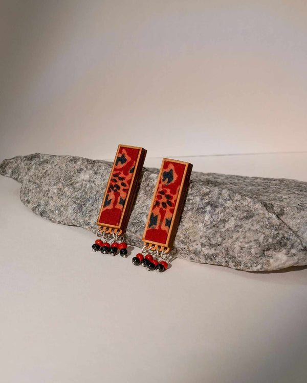 WHE Red Ajrakh Repurposed Fabric and Wood Studs with Beads